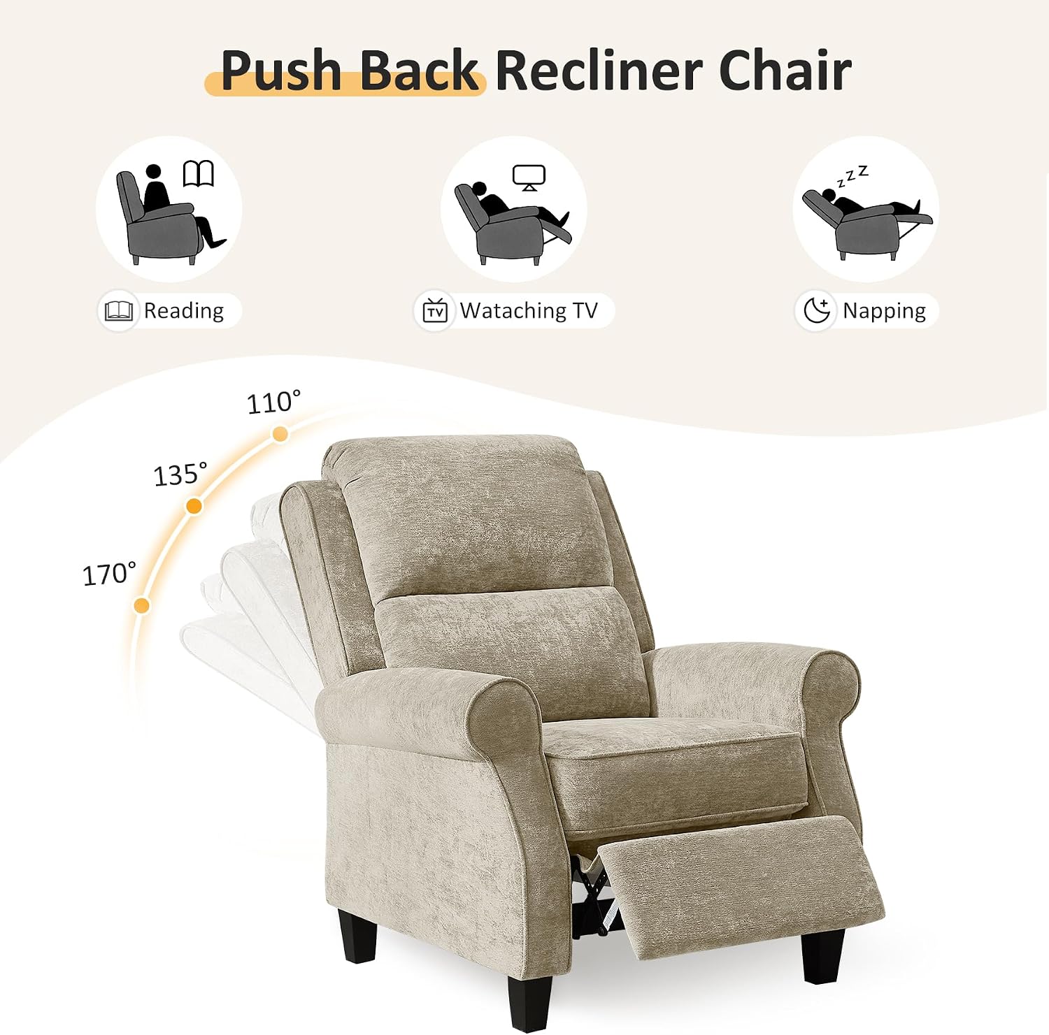 Oversized Recliner Chair, Push Back Recliner Chair with Padded Seat, Comfy Chenille Reclining Armchair, Upholstered Single Sofa for Living Room, Bedroom, Nursery, Reading