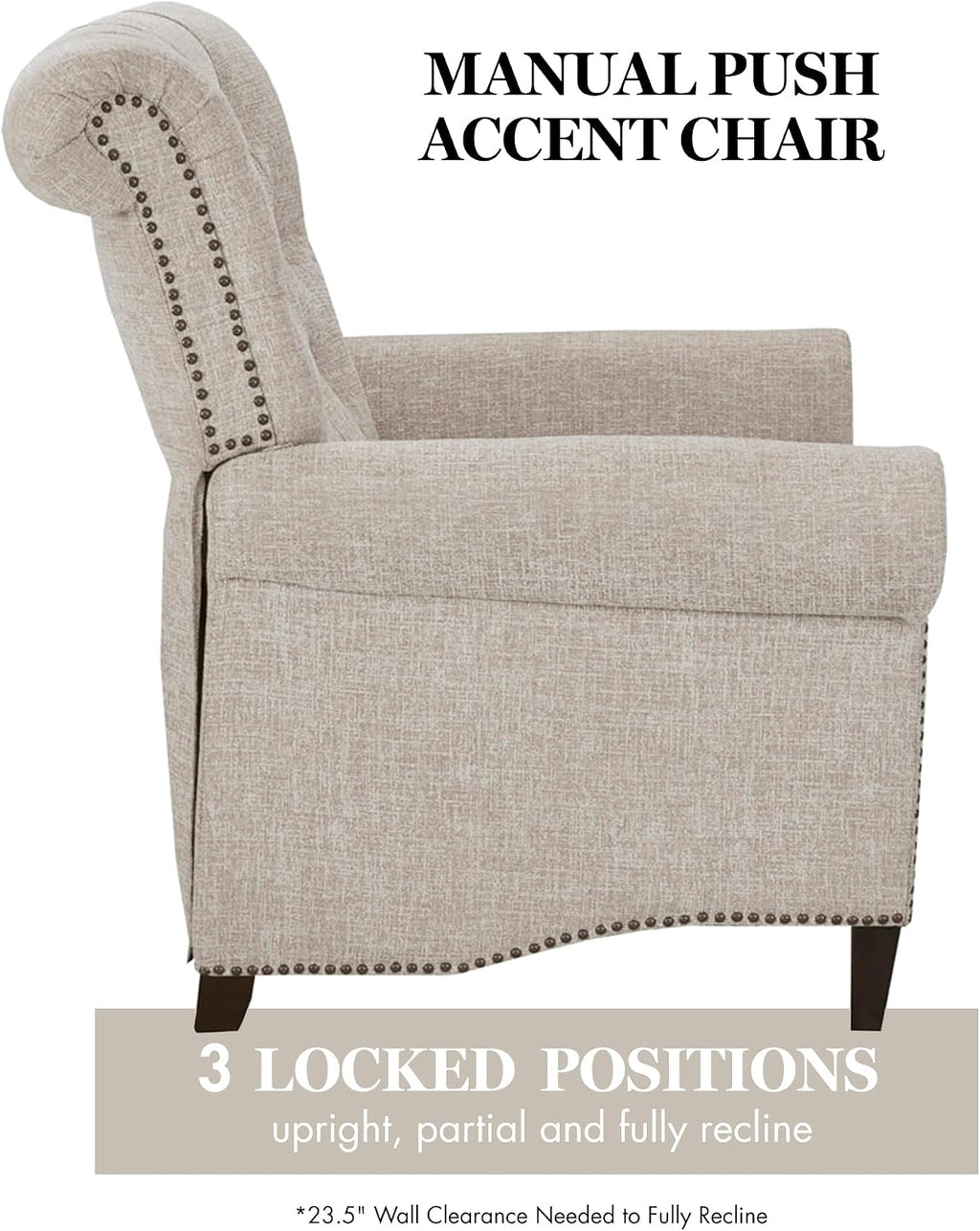 Madison Park Aidan Upholstered Manual Push Back Recliner Chair with Nailheads - Solid Wood, Plywood, Roled Back Button Tufted Accent Armchair Modern Classic Style Family Room Sofa Furniture, Cream