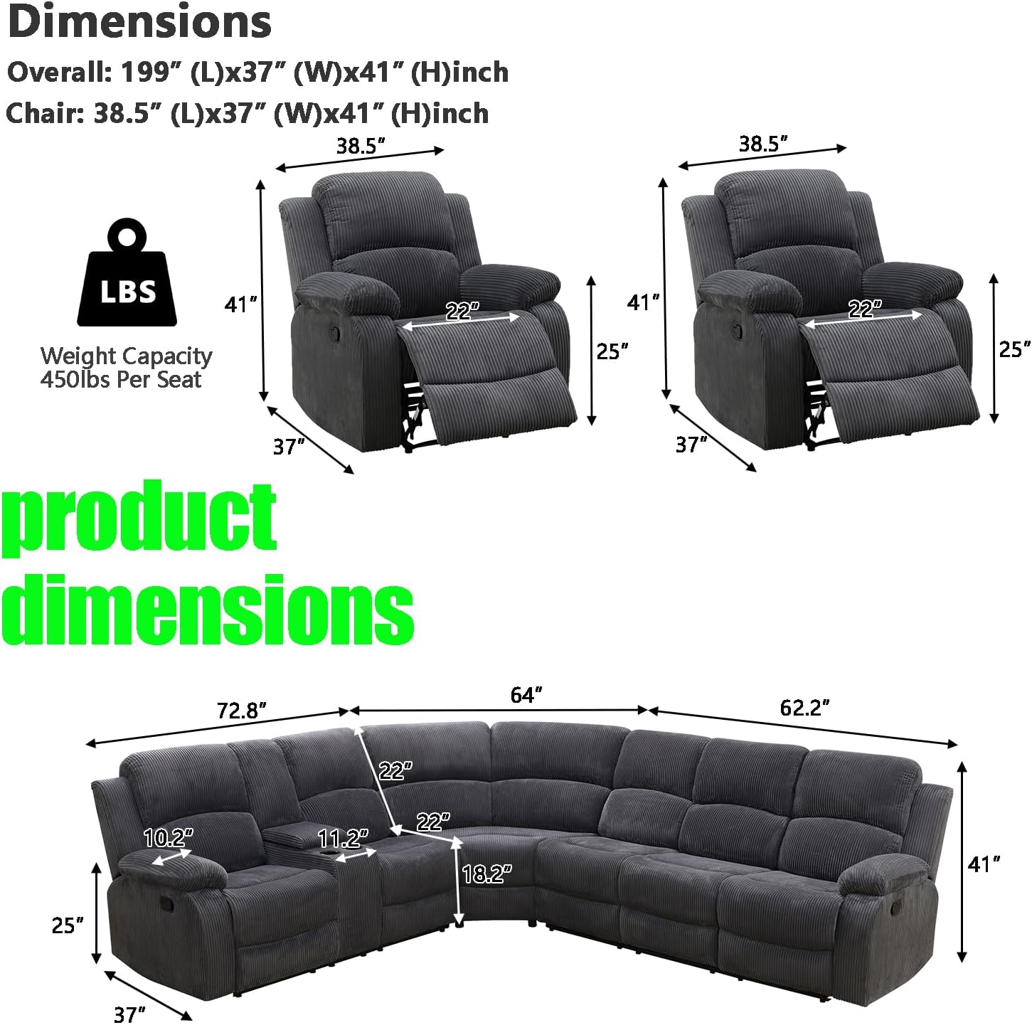 A Ainehome Manual Sectional Recliner Sofa Set with Storage, Living Room Furniture Set Corduroy Sofa Sets Manual Reclining Sectional Couches for Living Room with 4 Recliner Seats(Dark Grey)