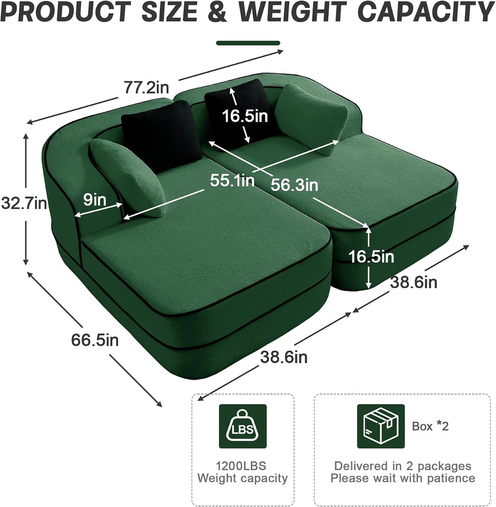 KEIKI Modular Boneless Sectional Teddy Sofa Couch with Chaise for Living Room, Oversized 77.2' Loveseat Chaise Lounge Indoor for Small Spaces, Modern Comfy Apartment Size Couch for Bedroom, Green
