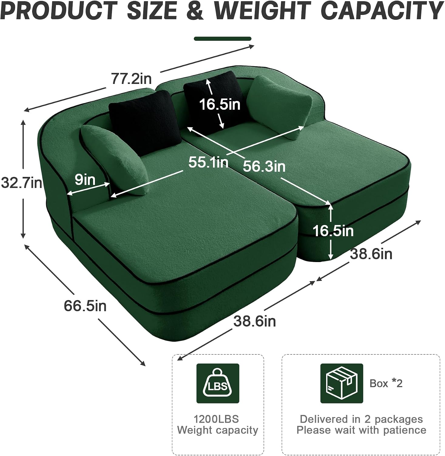 KEIKI Modular Boneless Sectional Teddy Sofa Couch with Chaise for Living Room, Oversized 77.2' Loveseat Chaise Lounge Indoor for Small Spaces, Modern Comfy Apartment Size Couch for Bedroom, Green
