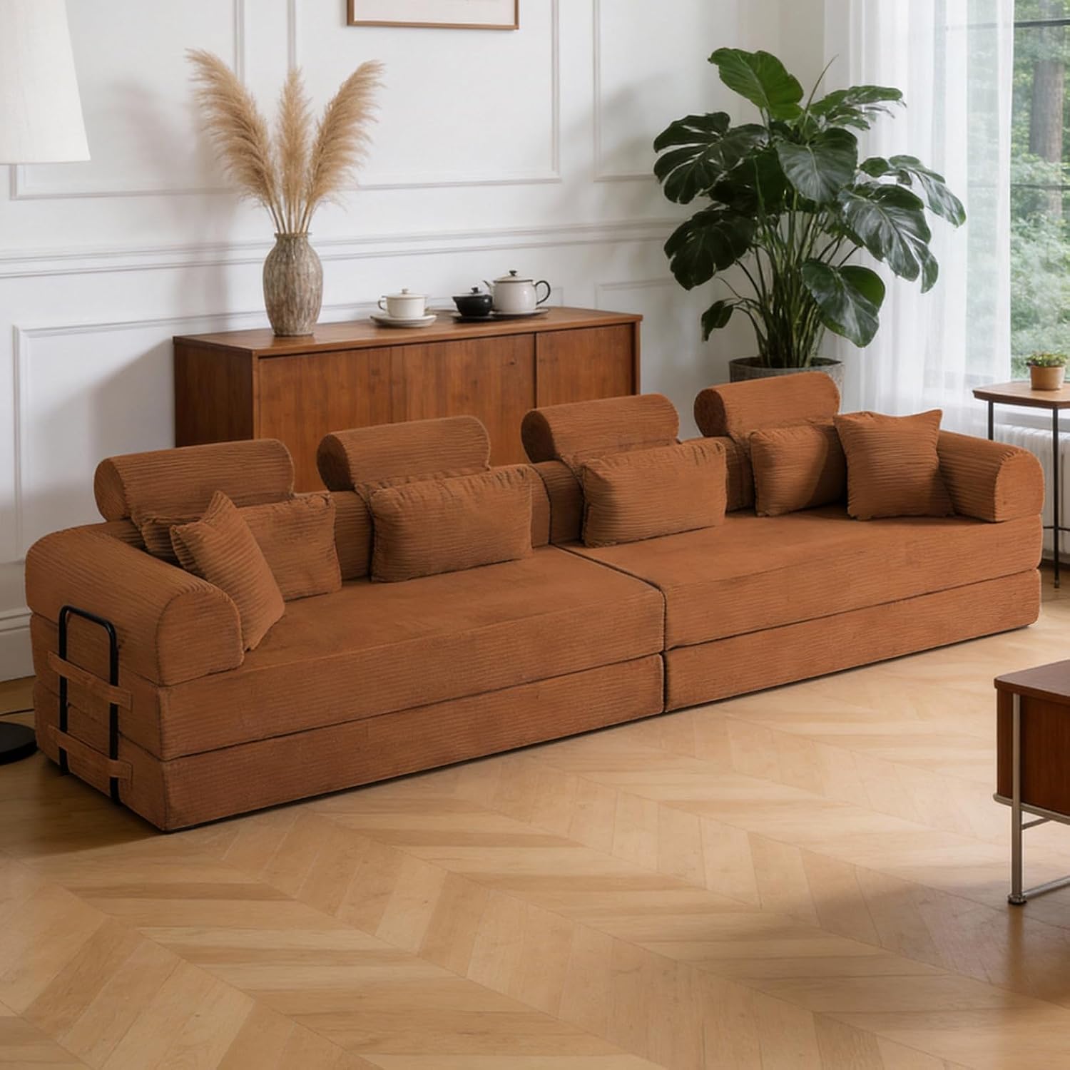 KEIKI 6-in-1 Folding Convertible High Back Sofa Sleeper, 106' Oversized Modular Sectional Corduroy Upholstered L Shape Couches for Living Room, Plush Comfort High-Density Foam for Studio Apartment