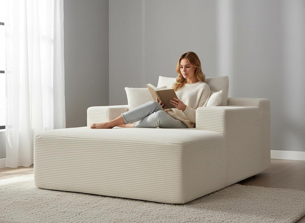 Container Furniture Direct Dawson Convertible Chaise Lounge Chair Indoor – Oversized Corduroy Couch with Wide Armrest & Throw Pillows, Cozy Boneless Sleeper Sofa Bed Armchair, Beige