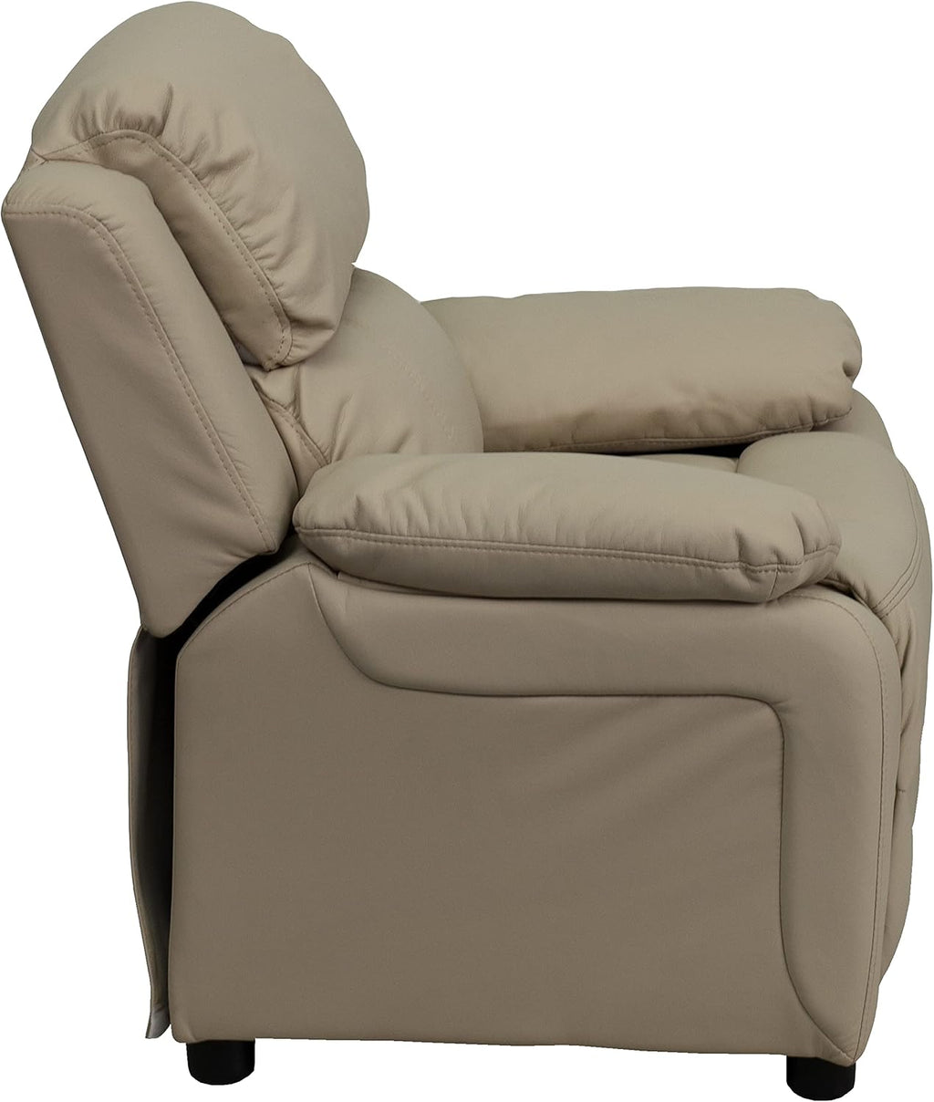 Flash Furniture Charlie Vinyl Kids Recliner with Flip-Up Storage Arms and Safety Recline, Contemporary Reclining Chair for Kids, Supports up to 90 lbs., Beige