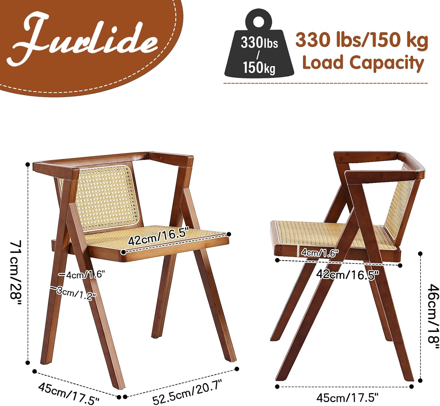 Furlide Rattan Dining Chairs Set of 2, Mid-Century Accent Armchair, Wicker Chair, Outdoor Bamboo Chair for Dining Room, Living Room, Bedroom, Kitchen, Walnut