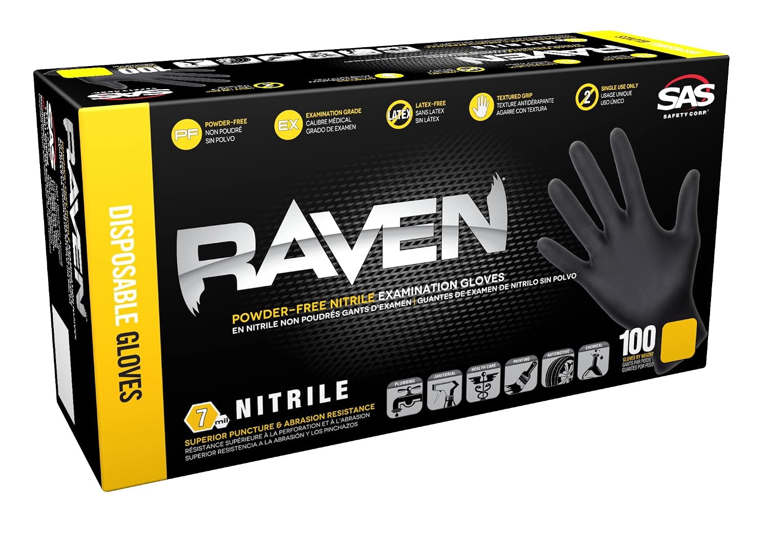 SAS Raven Powder Free Nitrile Disposable Gloves 7 Mil - XL Latex Free,Chemical + Puncture Resistant,Textured Grip,Single Use for Automotive,Industrial,Janitorial,MRO,Food Service 66519,(Pack of 10)