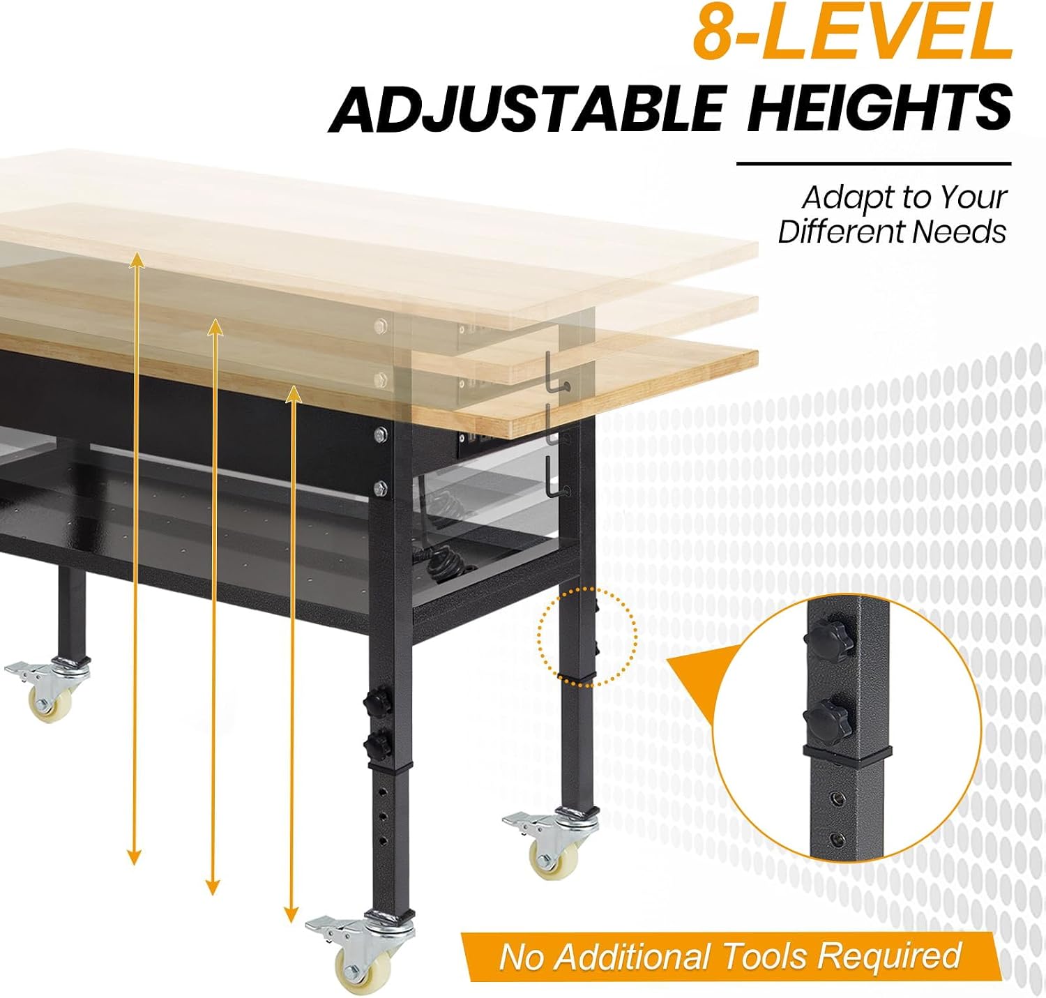 48'/60'' Adjustable Workbench, Rubber Wood Top Work Bench Heavy-Duty Work Table with Power Outlet, Wheels, Partition 2000 LBS Load Capacity Hardwood Work Benches for Garage, Workshop, Home, Office
