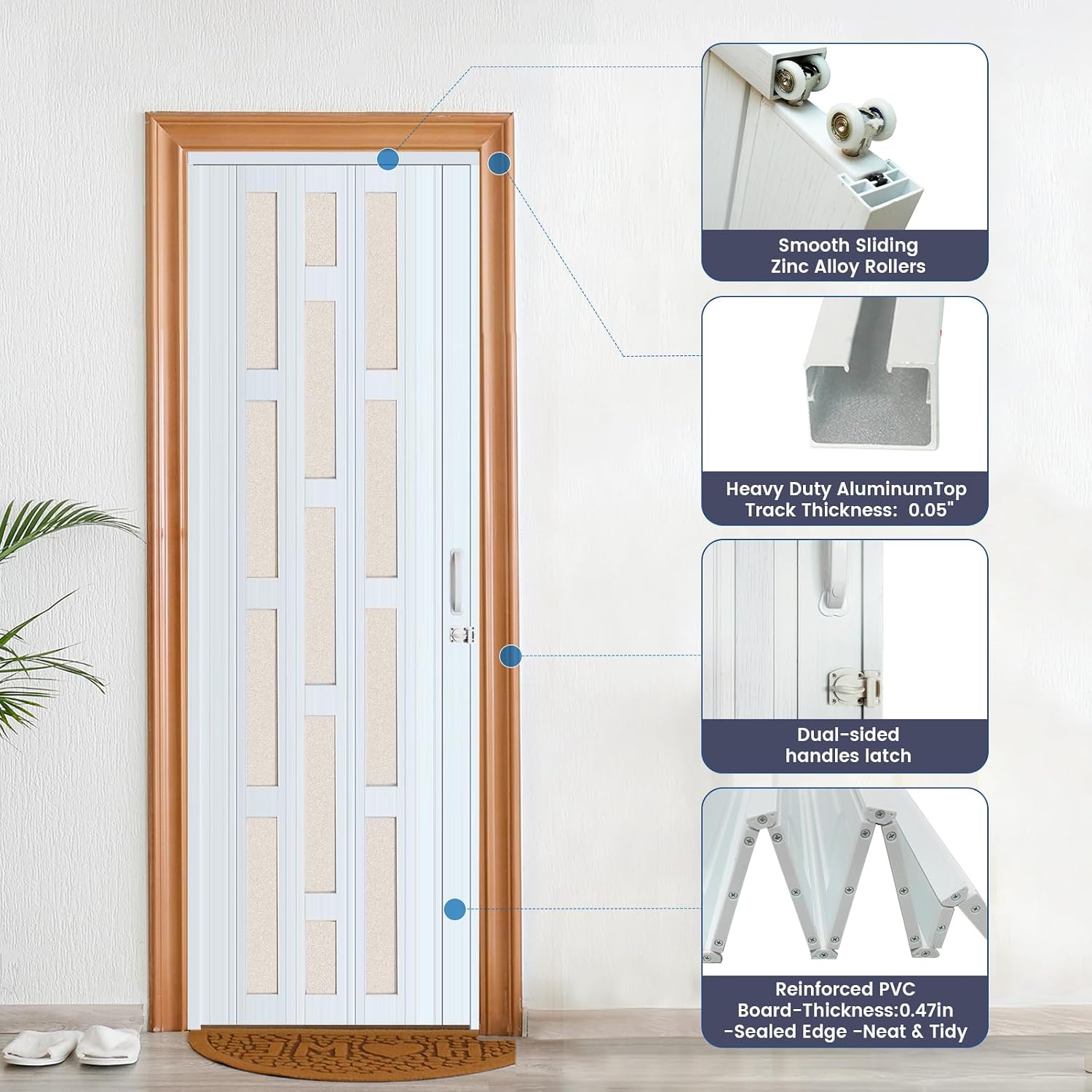 DIYHD 32X80in Glass Accordion Door with Latch&Handle, Double-Layer Thickened PVC Folding Interior Door with Frosted Acrylic - Blocks Views, Lets Light In, Easy Install for Closet, Utility&Room Divider