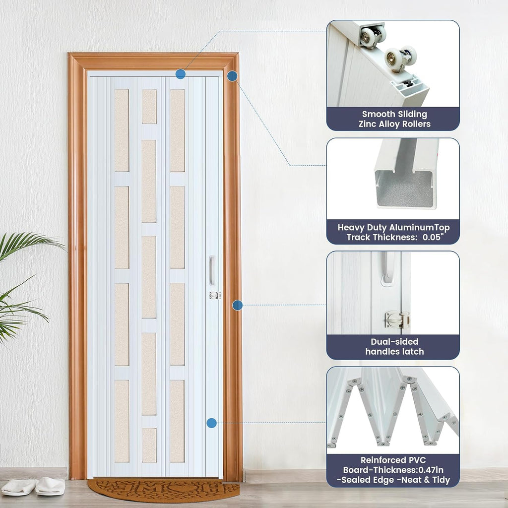DIYHD 32X96in Glass Accordion Door with Latch&Handle, Double-Layer Thickened PVC Folding Interior Door with Frosted Acrylic - Blocks Views, Lets Light In, Easy Install for Closet, Utility&Room Divider