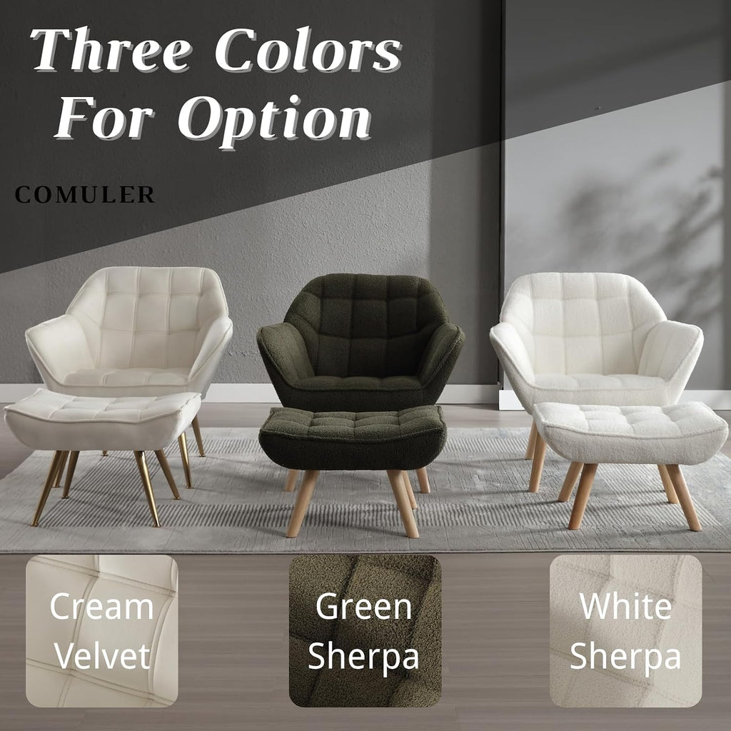 White Sherpa Accent Chair with Ottoman ，Modern Reading Chairs with Ottoman Set, Comfy Fuzzy Armchair Living Room Chair Lounge Chair with Wood Legs for Small Spaces Bedroom Apartment