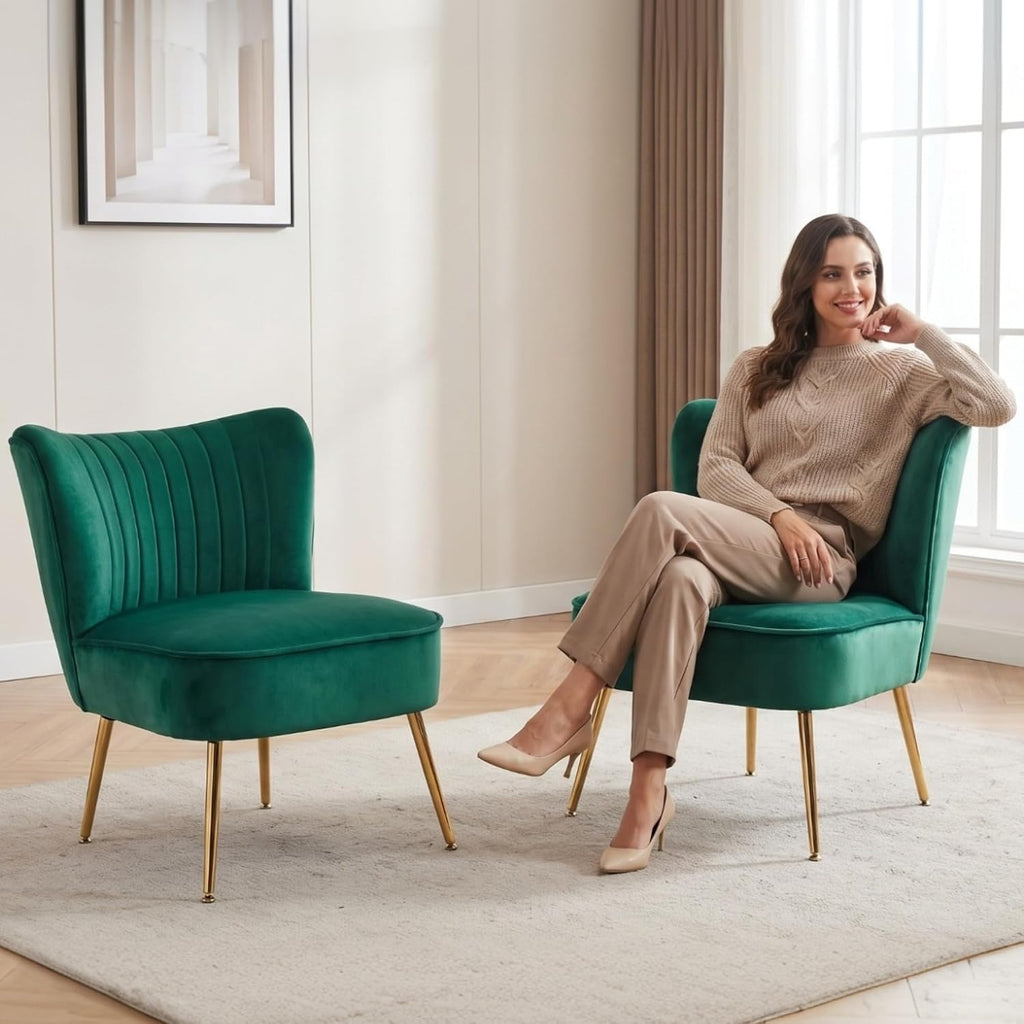 Velvet Accent Chair Set of 2 Comfy Living Room Chairs with Golden Legs Wingback for Bedroom Guest Room, Green