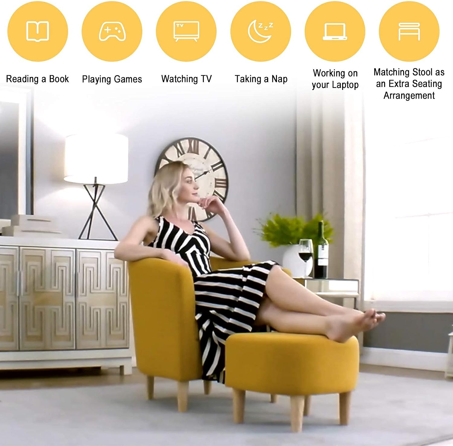 DAZONE Modern Accent Chair, Upholstered Arm Chair Linen Fabric Single Sofa Chair with Ottoman Foot Rest Mustard Yellow Comfy Armchair for Living Room Bedroom Small Spaces Apartment Office