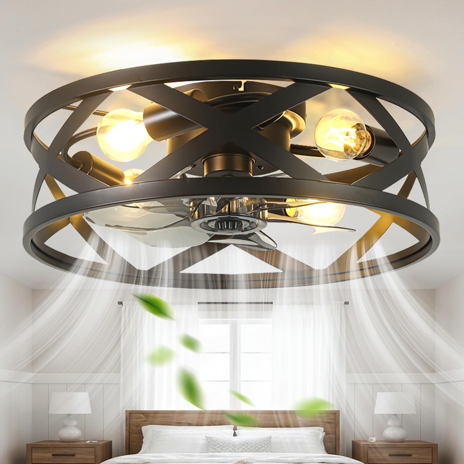 Bella Depot 20' Modern Flush Mount Ceiling Fan with Light, Chandelier Fan, 6 Speeds Reversible Bladeless for Bedroom Living Room Kitchen