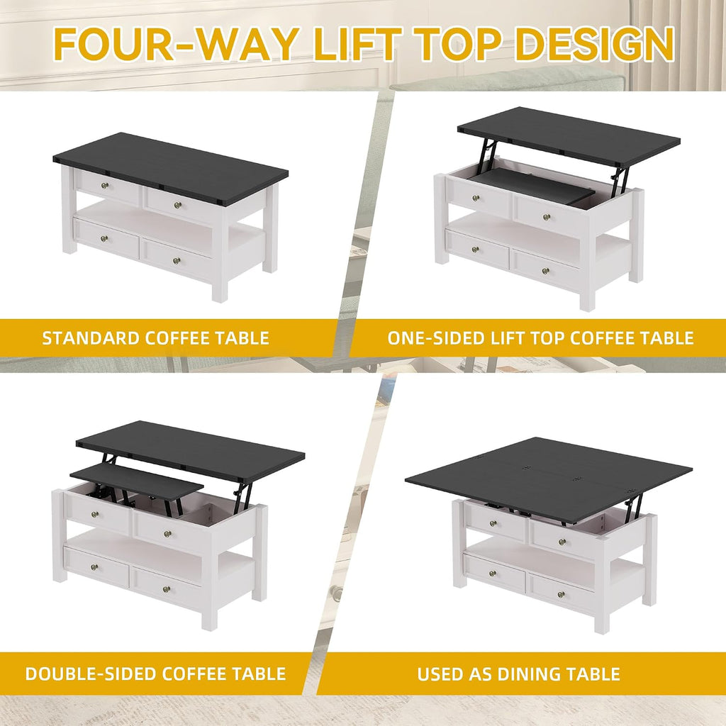 DWVO Lift Top Coffee Table, Multi-Functional Convertible Coffee Table with Drawers and Hidden Storage, Dining Table for Living Room, Home Office