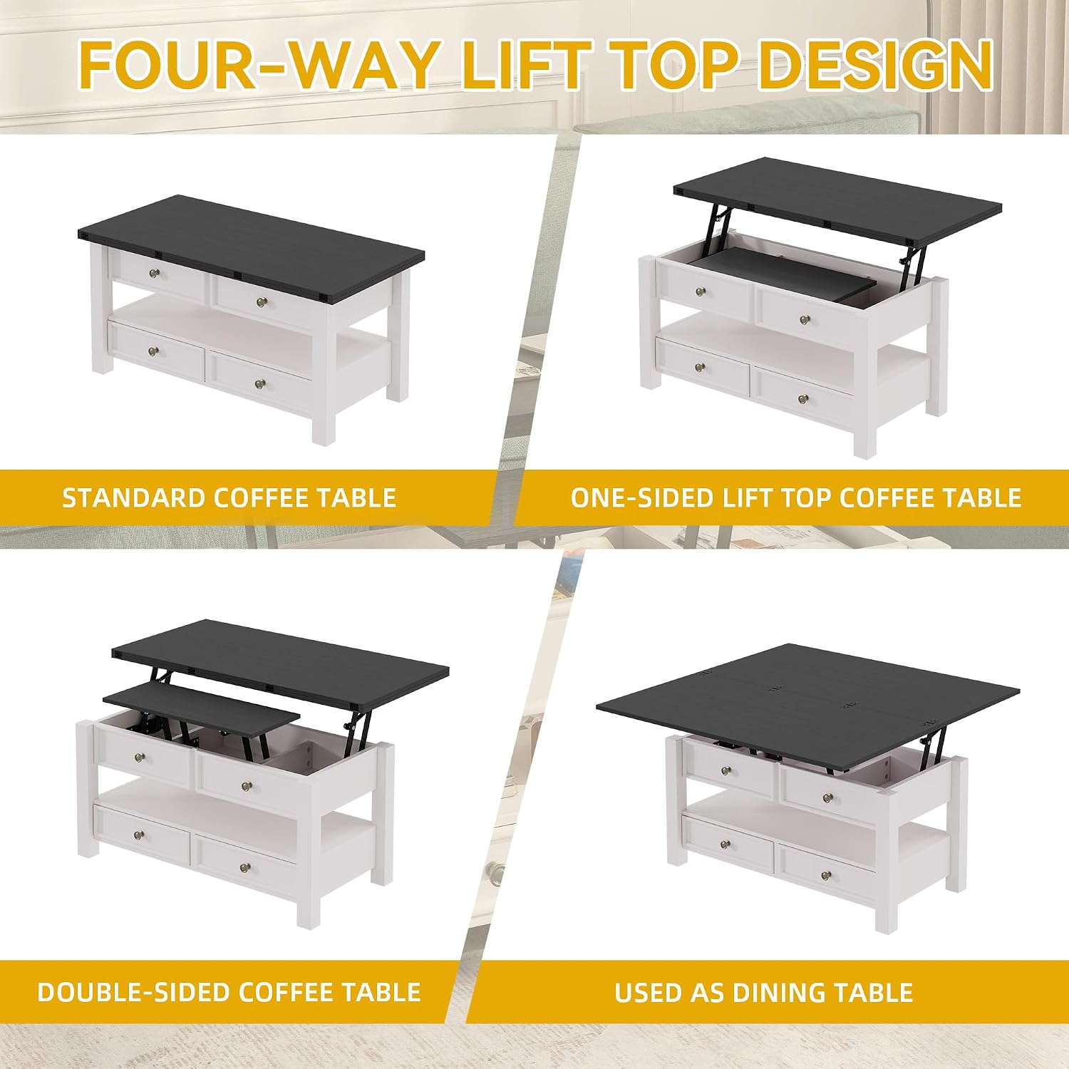 DWVO Lift Top Coffee Table, Multi-Functional Convertible Coffee Table with Drawers and Hidden Storage, Dining Table for Living Room, Home Office