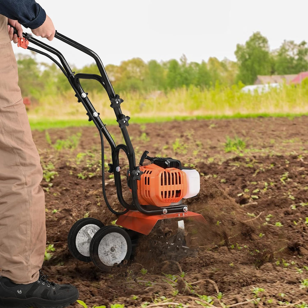 VEVOR Tiller Cultivator Gas Powered, 43CC 2-Stroke Garden Cultivator, Tiller with 4 Steel Adjustable Front Tines for Lawn, Garden and Field Soil Cultivation