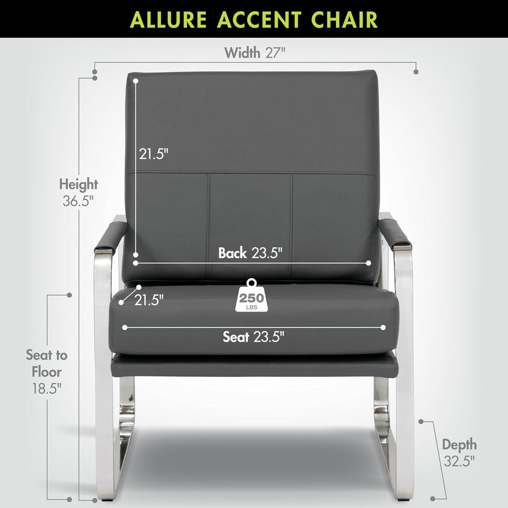 Studio Designs Home Allure Modern Accent Chair in Blended Leather, Chrome/Smoke Gray
