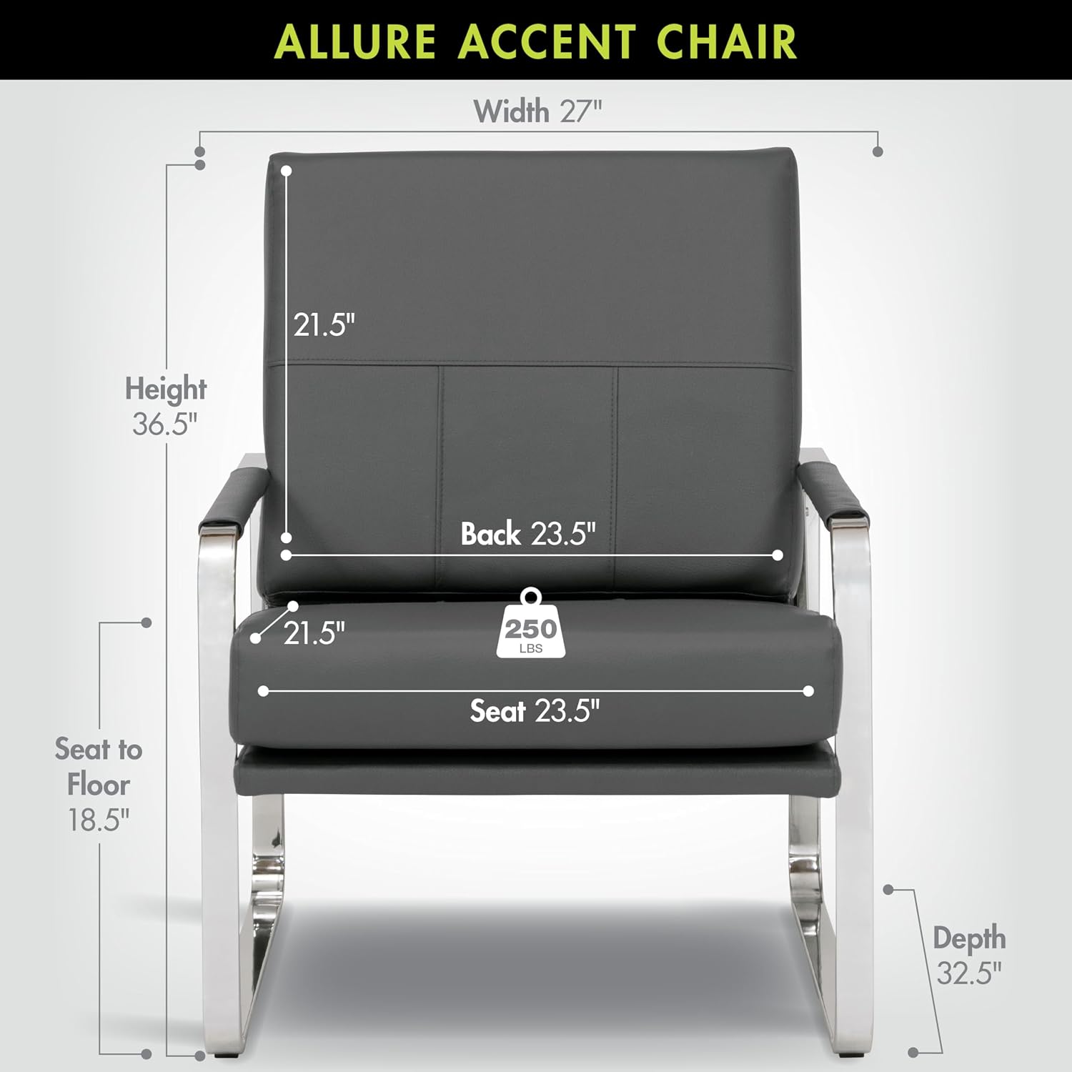 Studio Designs Home Allure Modern Accent Chair in Blended Leather, Chrome/Smoke Gray