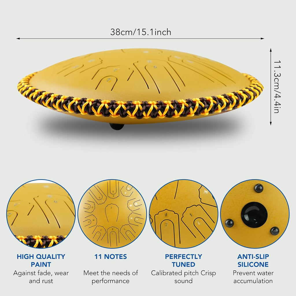 Generic Steel Tongue Drum 15 Inch 21 Notes - C Major Handpan Drum with Drum Mallets for Meditation Yoga Beginners Majors Family Friends Handpan Drum（Gold）