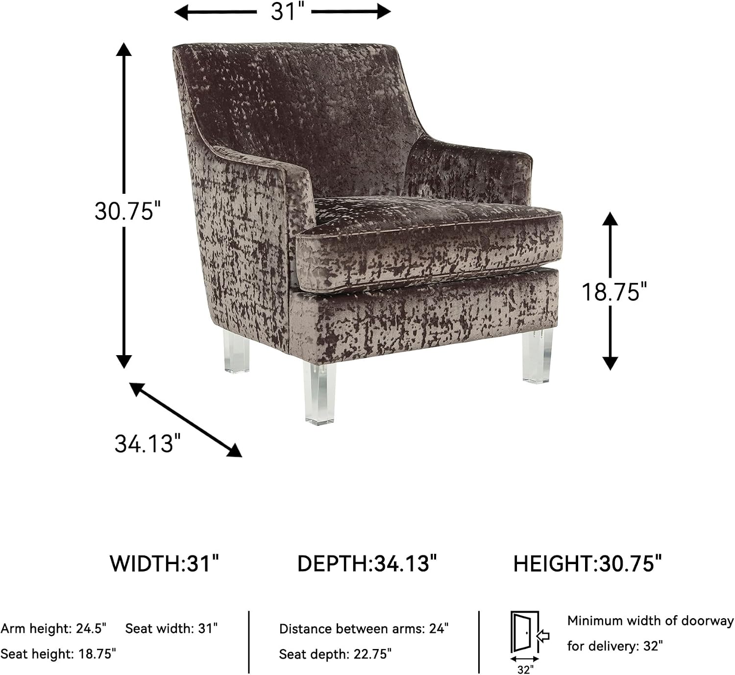 Signature Design by Ashley Gloriann Crushed Velvet Glam Accent Chair with Acrylic Legs, Charcoal Gray