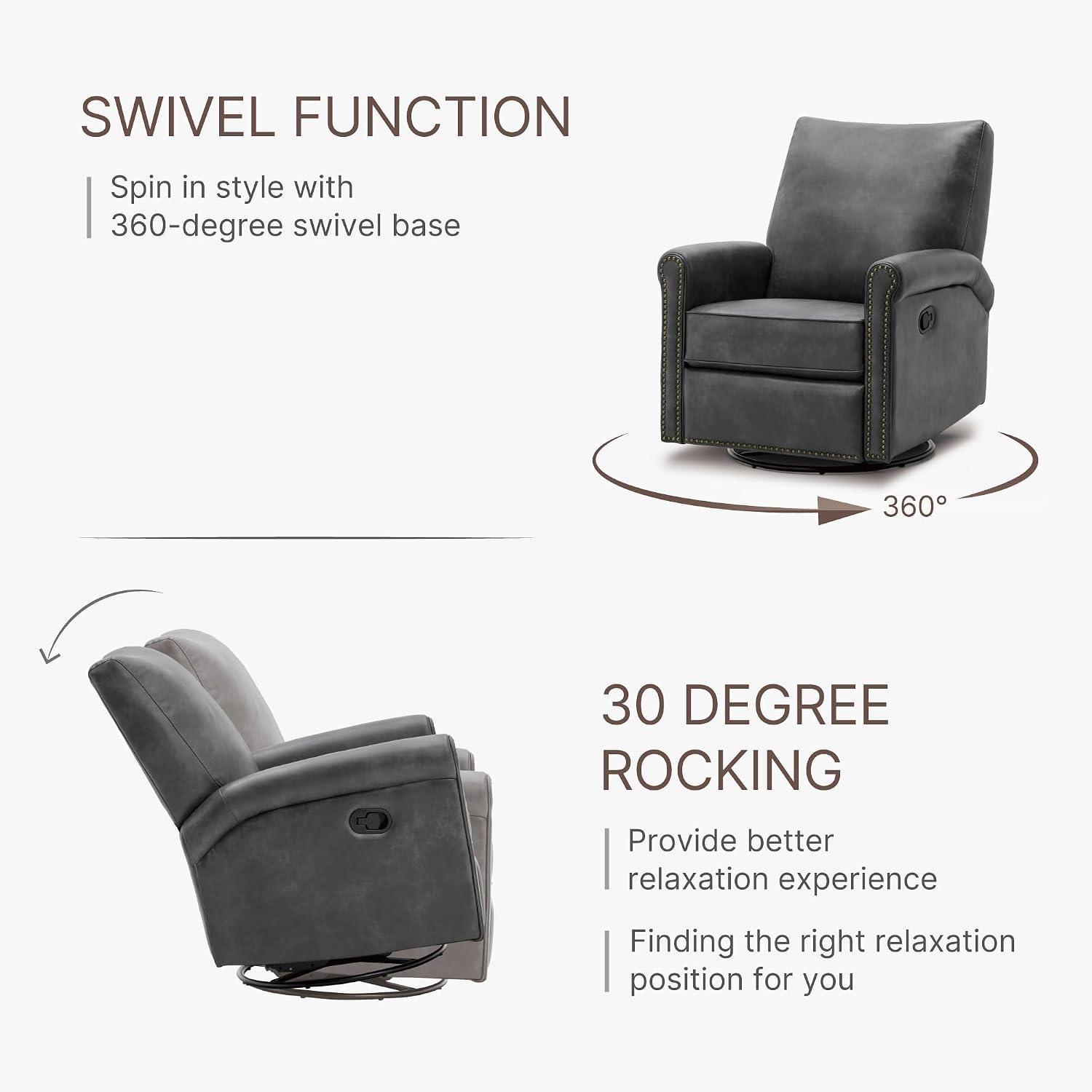 KISLOT Large Leather Recliner Chair Faux Swivel Rocker for Adults Manual Sofa for Living Room Bedroom Home Theater Seating