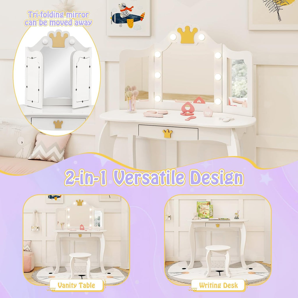 HONEY JOY Kids Vanity with Lights, Crown Girls Vanity Set with Mirror and Stool and Lights, Toddler Vanity, Wooden Makeup Table for Little Girls, Pretend Play Kids Vanity Table and Chair Set(White)