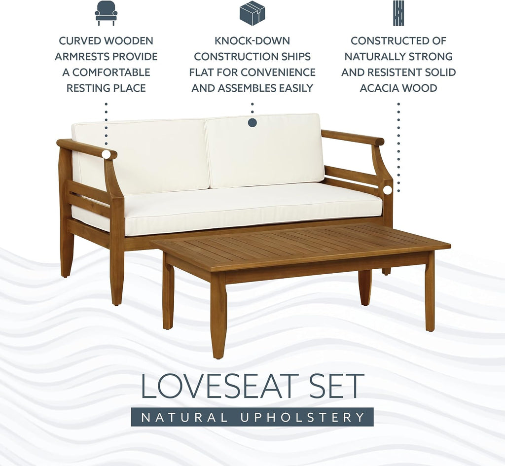 Linon Harbor Oiled Acacia Wood Two Piece Outdoor Set with Revmoable Cream Cushions Includes Loveseat and Coffee Table