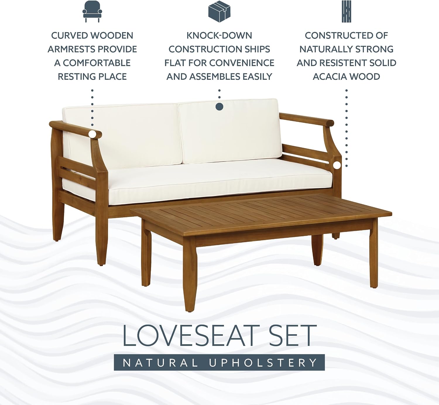 Linon Harbor Oiled Acacia Wood Two Piece Outdoor Set with Revmoable Cream Cushions Includes Loveseat and Coffee Table