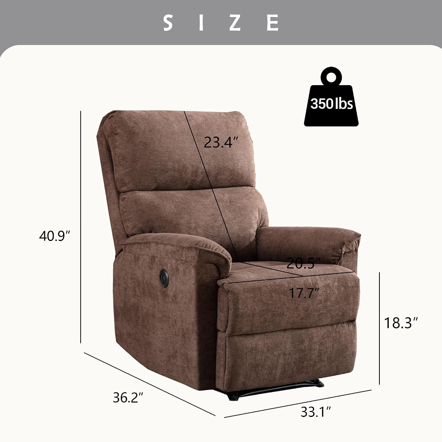 EBELLO Power Recliner Chair, Electric Recliner, Breathable Fabric Single Overstuffed Recliner Sofa with USB Charge Port for Elderly Living Room, Bedroom, Brown