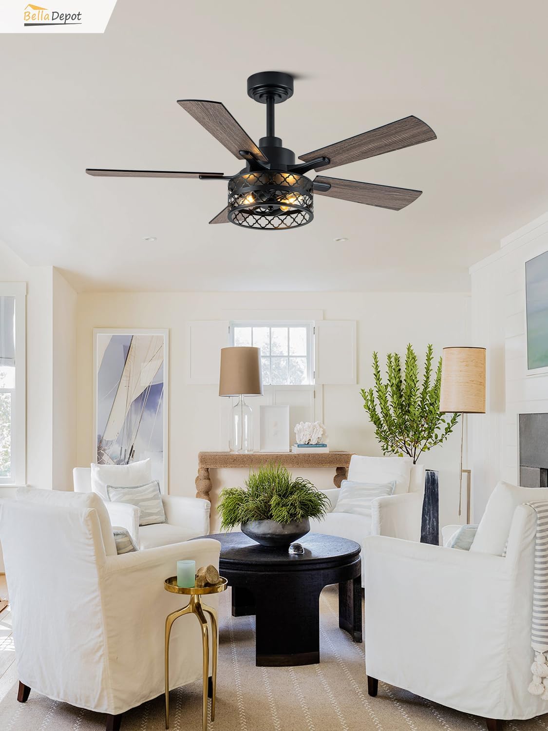 Bella Depot 46' Ceiling Fan with Light Farmhouse Caged Chandelier Fan with Remote Vintage Rustic Indoor Fandelier with Silent Motor for Dining Living Room Bedroom, (Bulbs not Included)
