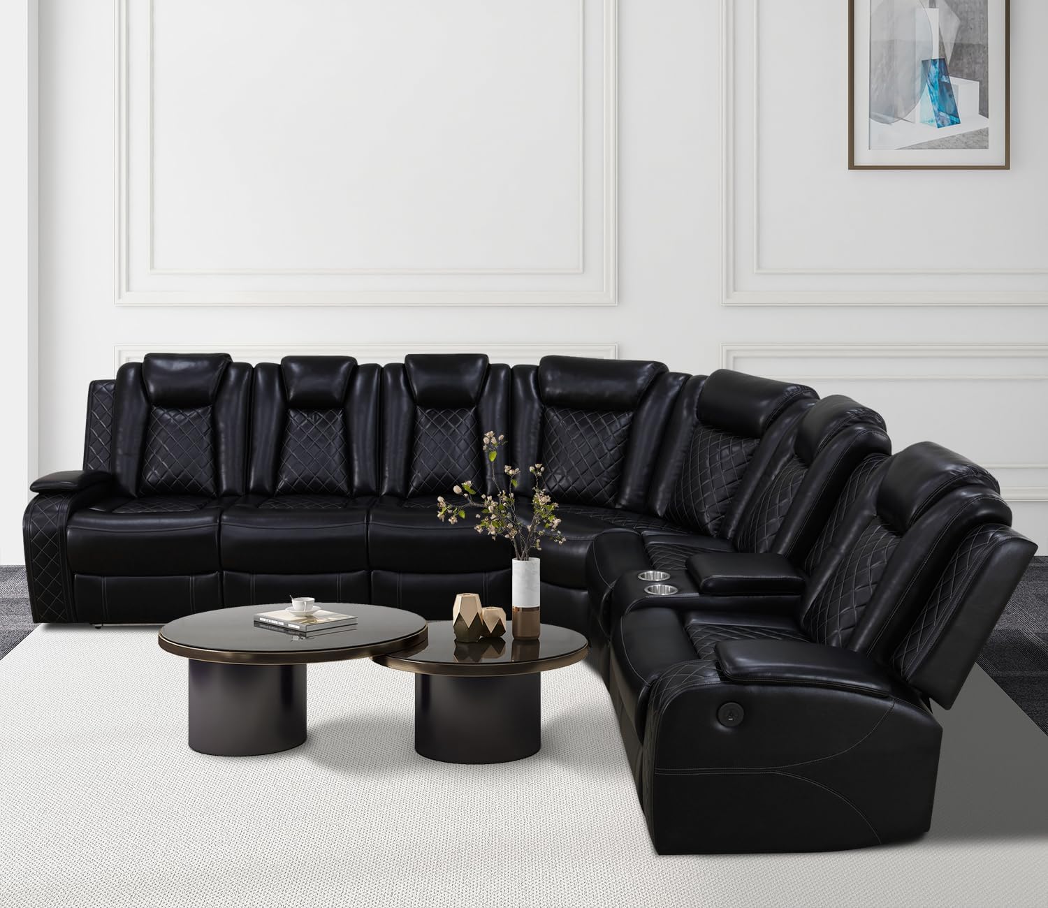 Power Recliner Sofa Sectional Couch with LED Light for Living Room,Leather Reclining Corner Sectional Sofa with 2 Recliner Seats,Cup Holder,Storage Console for House/Home Theater, Black