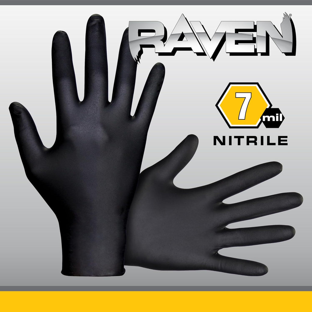 SAS Raven Powder Free Nitrile Disposable Gloves 7 Mil - XL Latex Free,Chemical + Puncture Resistant,Textured Grip,Single Use for Automotive,Industrial,Janitorial,MRO,Food Service 66519,(Pack of 10)