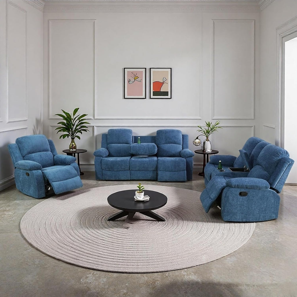 Recliner Sofa Set, Fluffy Fabric Living Room Couch with Adjustable Backrest, Loveseat with Storage Console & Cup Holders, Modern Sectional Sofa with Reversible Coffee Table for Home, Blue