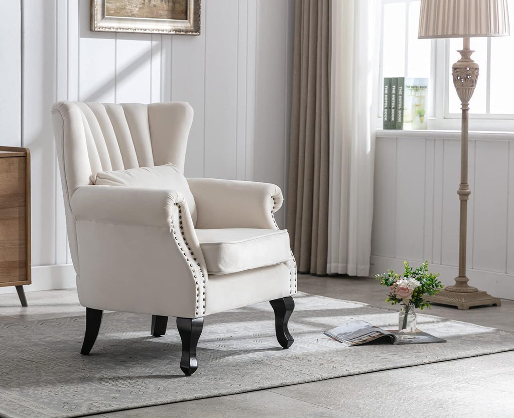 Kmax Cream Accent Chair Velvet Wingback Chair with Pillow Nail-Head Channel Tufted Oversized Club Chair for Living Room Bedroom Guest Room