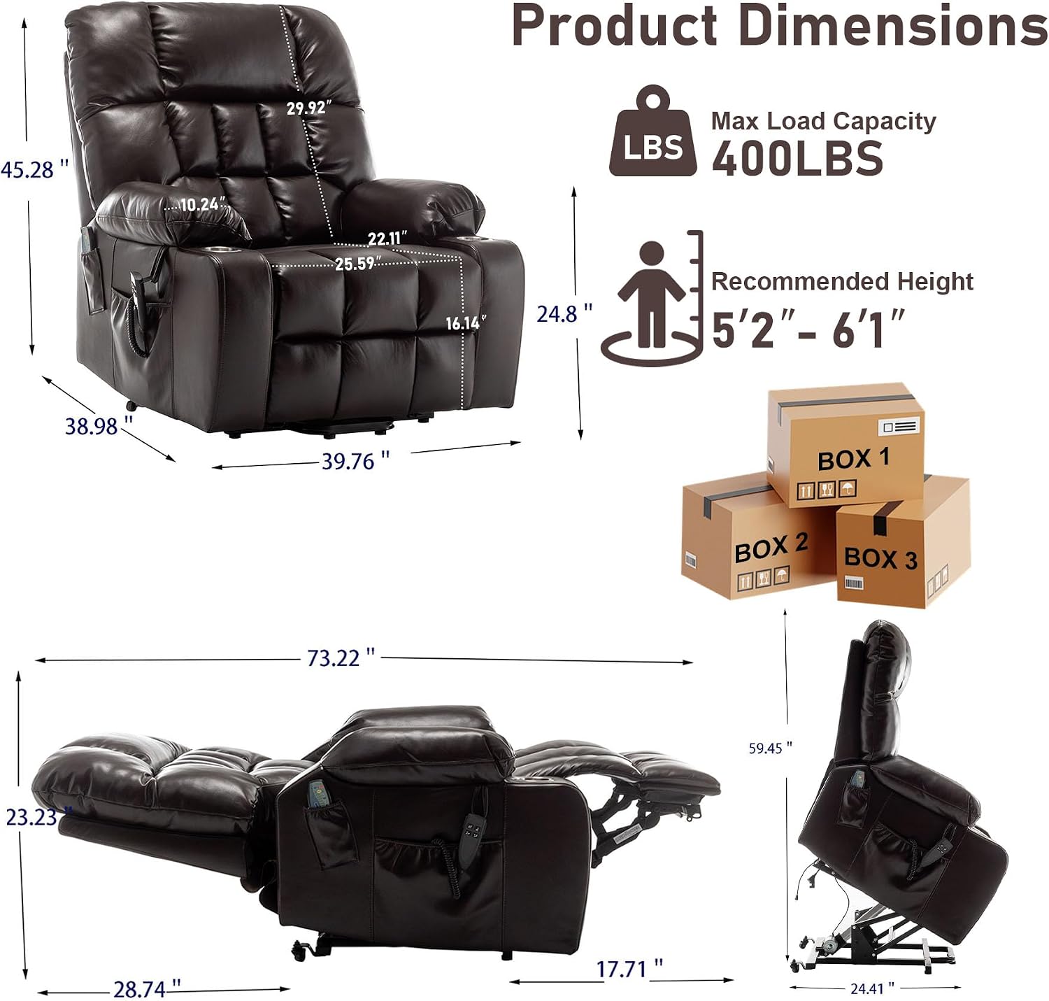 Oversized Power Recliner Chair for Big and Tall 400 LBS, 25.5' Extra Wide Electric Lift Chair with Heat and Massage, Dual Motor 180° Lay Flat Recliner Living Room Sofa, PU Leather Big Recliner