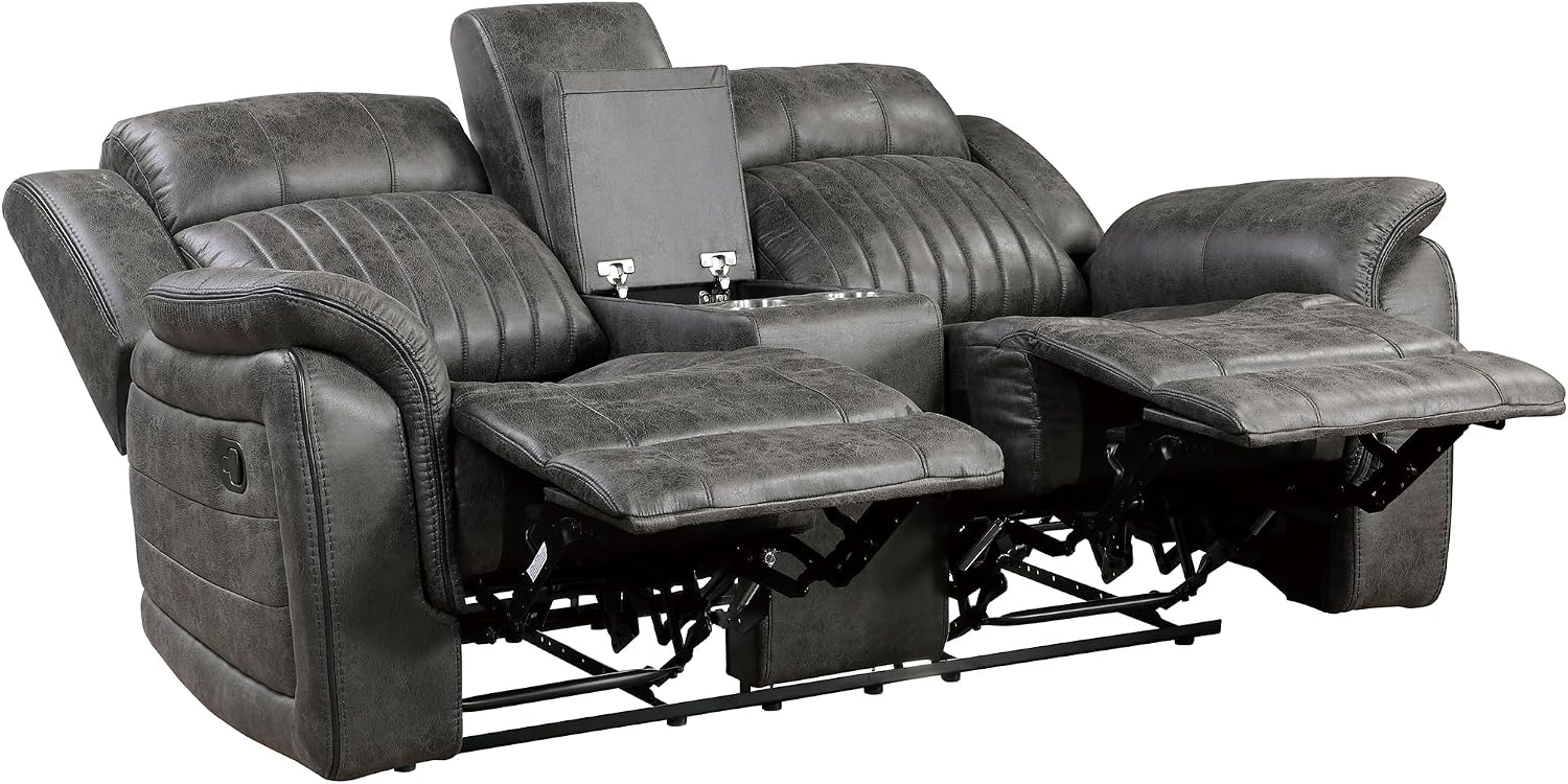 Lexicon Recliner Living Room Set, Home Theater Seating, Manual Polished Microfiber Upholstery Sofas, RV Couch Including Double Recliner Sofa, Loveseat and Chair, 3-Piece Set, Brownish Gray
