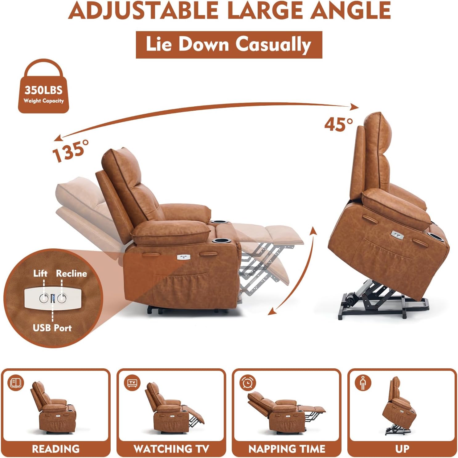 Polar Aurora Power Lift Chair for Elderly,Electric Recliner Chair with Vibrating Massage & Heating,Living Room Chair with Thickened armrest,USB Ports,2 Cup Holders