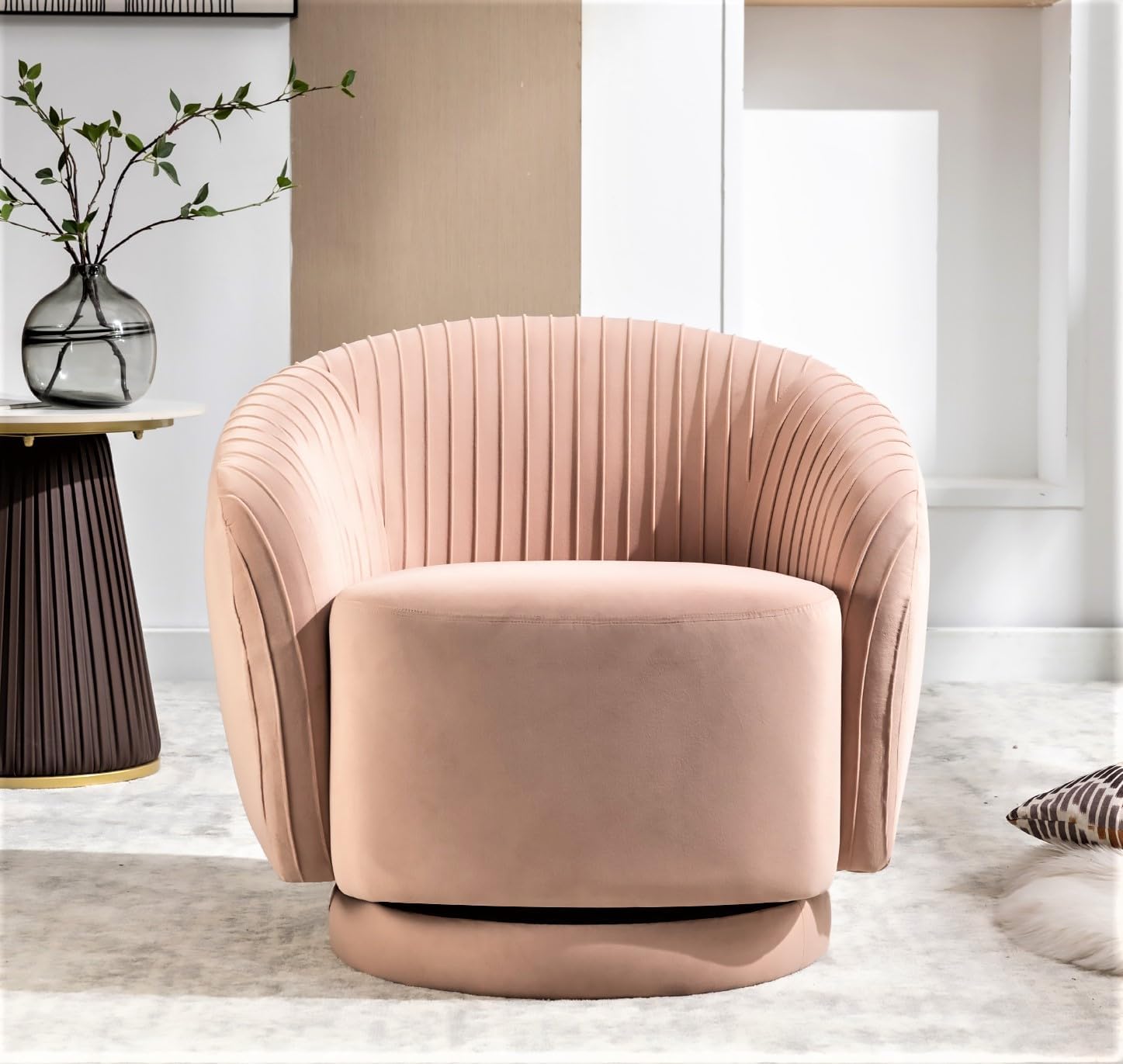 Container Furniture Direct Modern Barrel Swivel Chair with Plush Velvet Upholstery and Smooth 360° Rotation, Round Accent One-Seater Sofa for Living Room, Bedroom, and Office, Pink