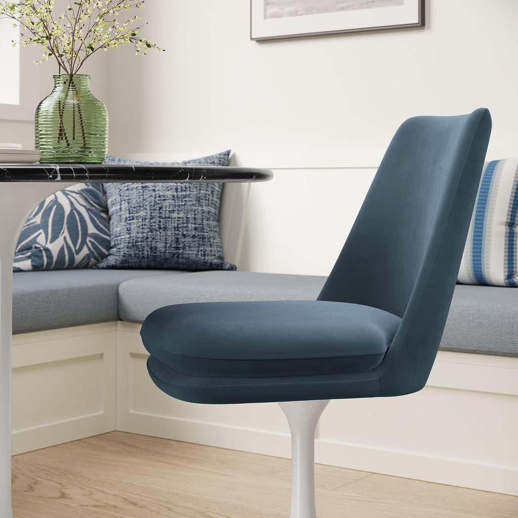 Modway Lippa Velvet Swivel Dining Side Chair in White Cadet Blue - Armless Accent Chair with Stain-Resistant Performance Velvet Upholstery - 360° Rotating Office Chair