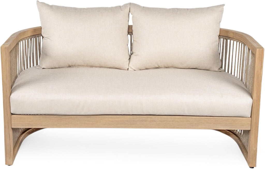 Christopher Knight Home Faine Acacia Wood Outdoor Loveseat Sofa, Patio Loveseat Furniture Set for 2 Seaters, Tub Design Patio Outdoor Sofa Couch with Woven Rope and Removable Cushion, Light Teak+Beige