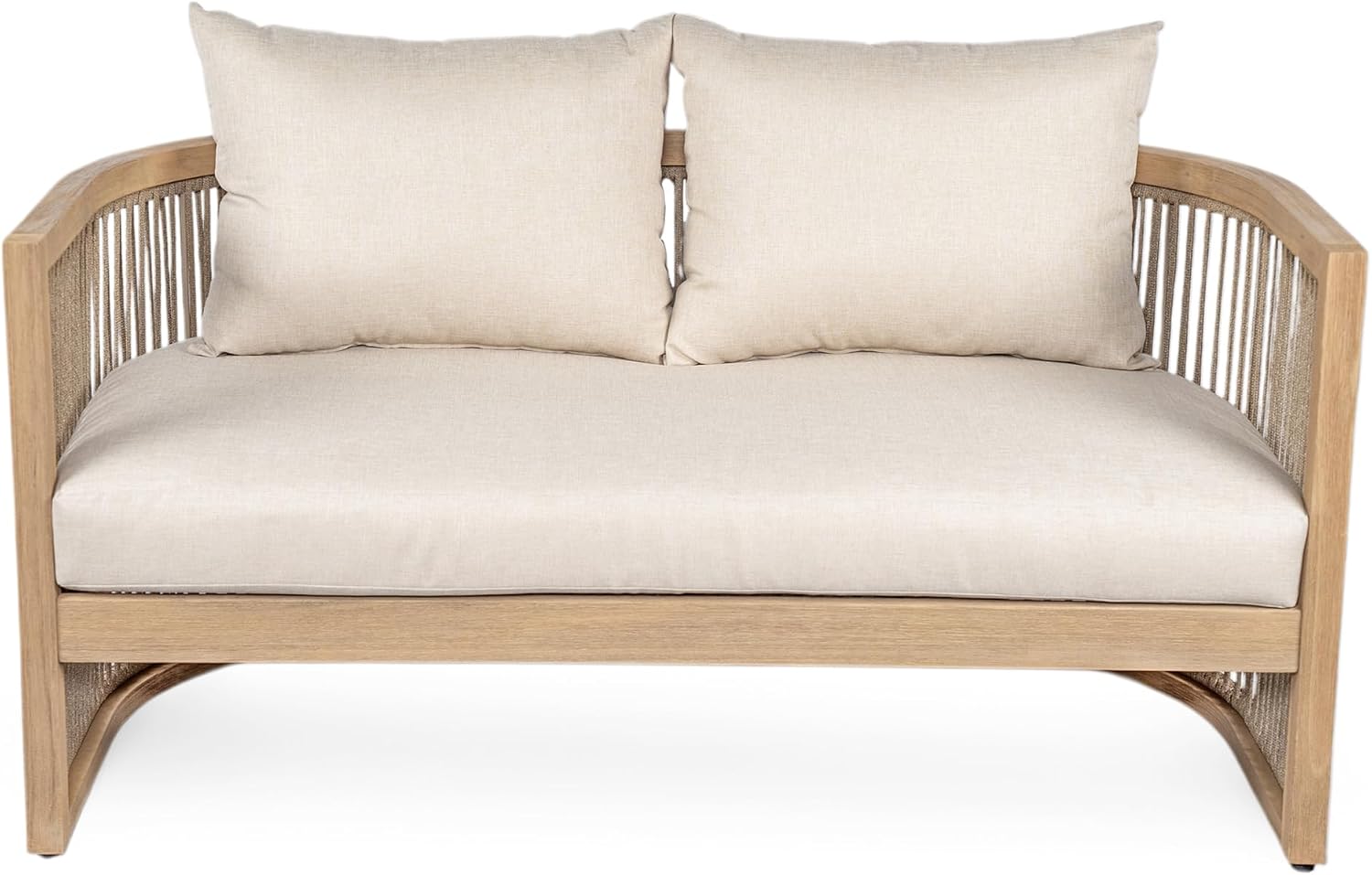 Christopher Knight Home Faine Acacia Wood Outdoor Loveseat Sofa, Patio Loveseat Furniture Set for 2 Seaters, Tub Design Patio Outdoor Sofa Couch with Woven Rope and Removable Cushion, Light Teak+Beige
