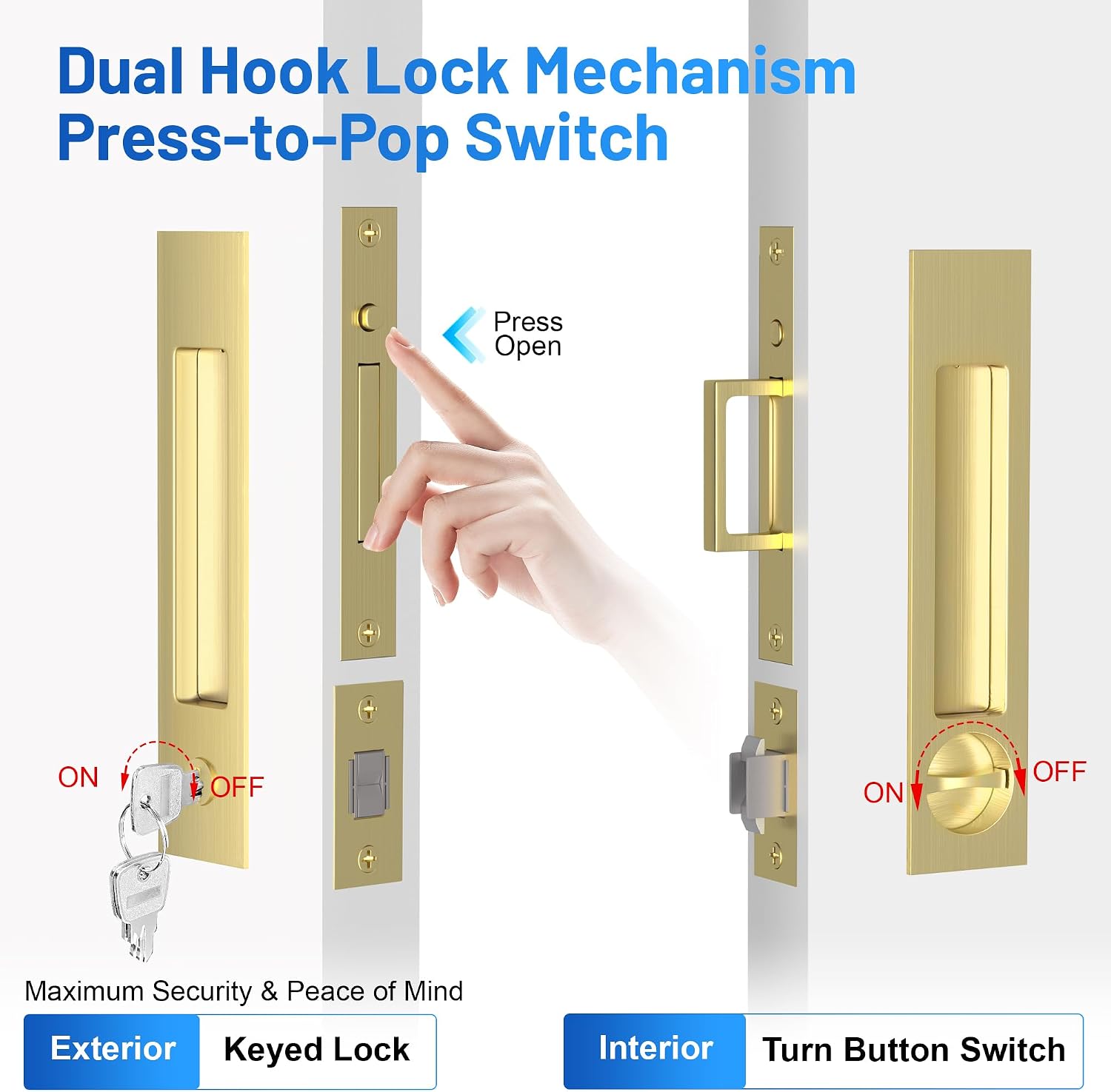 Dontay Pocket Door Handle and Edge Pull, Narrow Modern Rectangular Keyed Entry Function, Recessed Sliding Door Hardware for 1 3/8' to 2 3/16' Thickness Door (Keyed Lock, Satin Brass, 2 Pack)