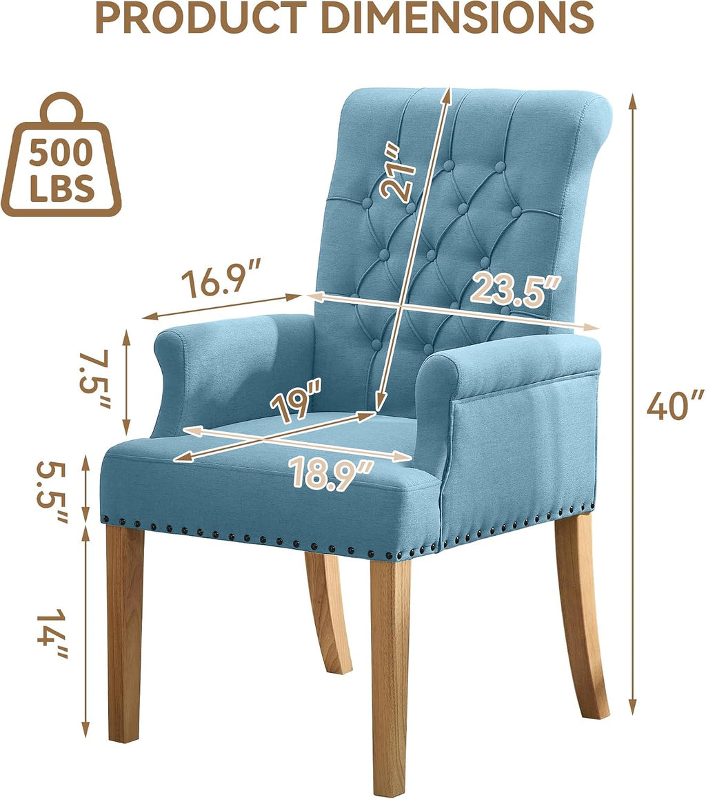 WUTUTUEE Fabric Dining Chair with Arms, Upholstered Tufted High Back Dining Room Chairs, Accent Armchair with Solid Wood Leg and Nailhead Trim, Kitchen Dining Living Room, Blue