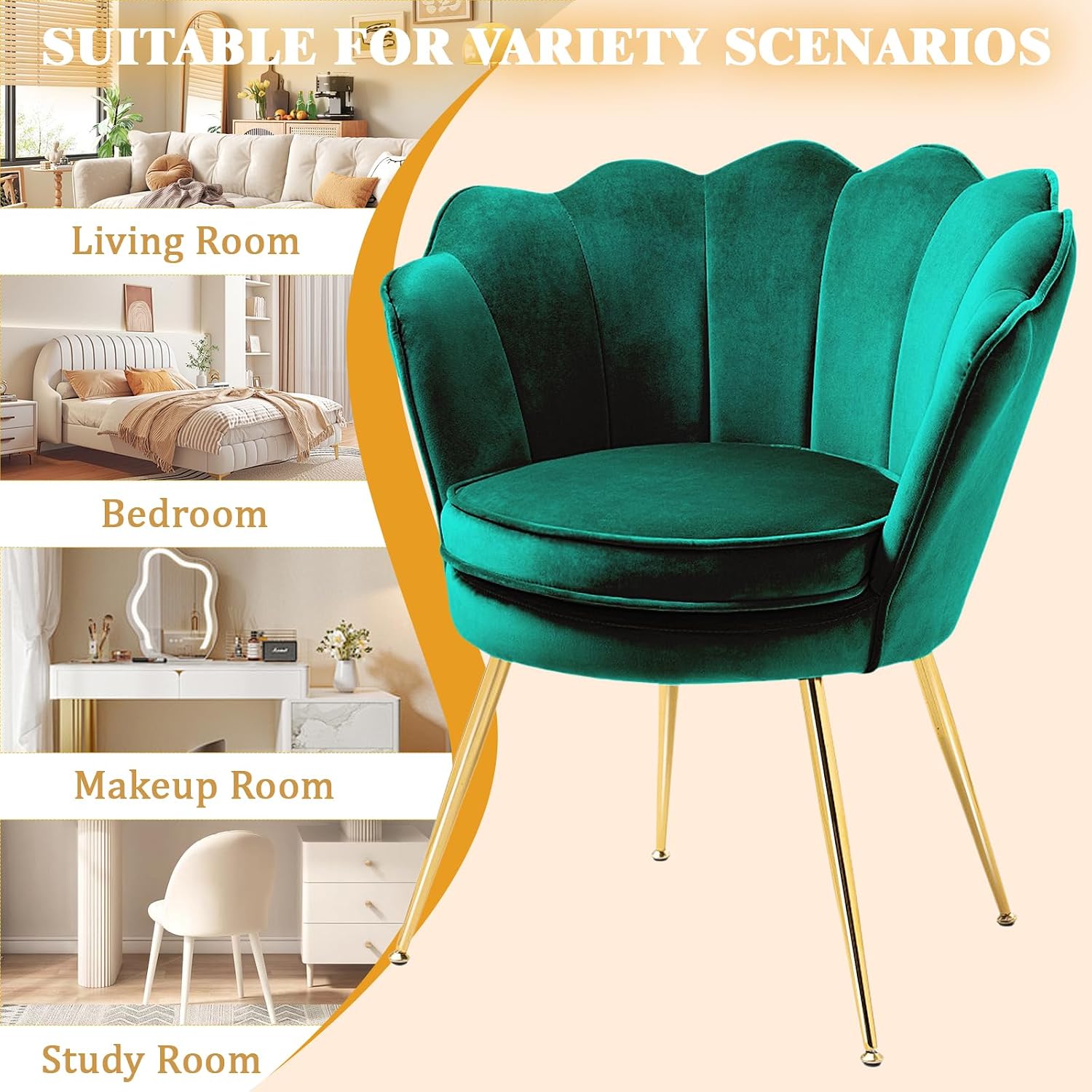 Czlolo Accent Chairs Set of 2 for Living Room, Velvet Upholstered Makeup Room Vanity Chair with Back, Golden Metal Legs Small Accent Side Chair for Bedroom, Cloud Chair Set, 2 Pcs Emerald Green