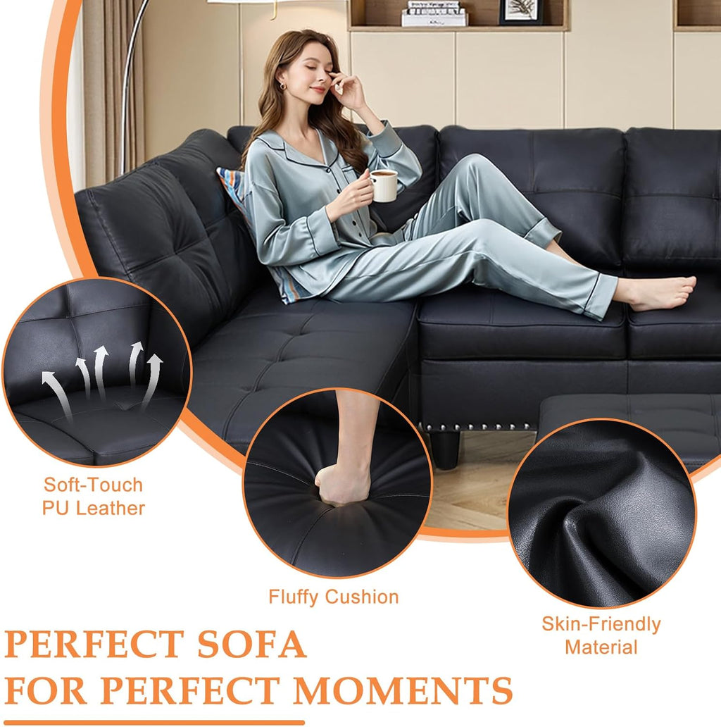 Wakefit Sectional Sofa Couch, Modern 4-Seaters Living Room Furniture Sets with Chaise Lounge, Ottoman & 2 Pillows | L Shape Couch | Cup Holder | Faux PU Leather, Black