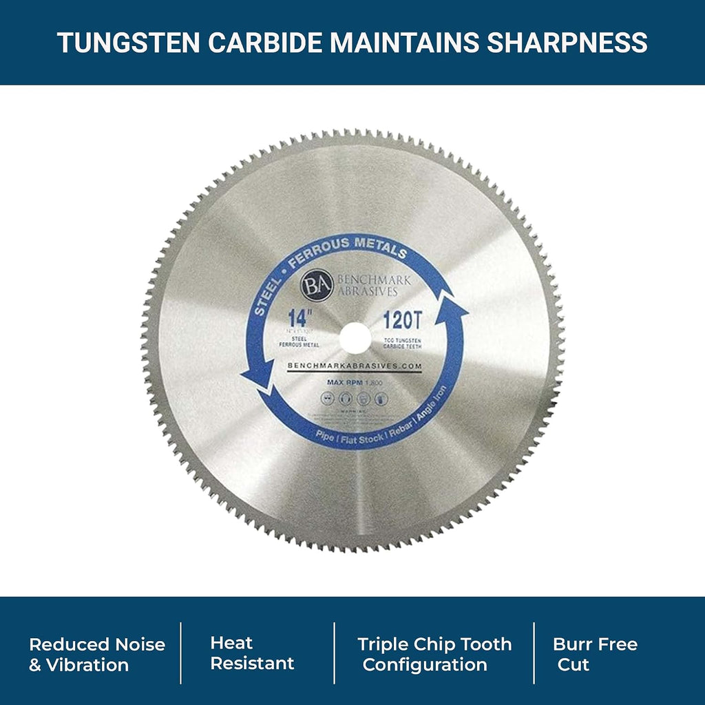 Benchmark Abrasives TCT 14 Inch Circular Saw Blade, Tungsten Carbide Tipped Inch Miter Saw Blade for Cutting Metal, Stainless Steel, Ferrous Metals, 14 Inch Metal Cutting Blade (14' 120 Teeth)