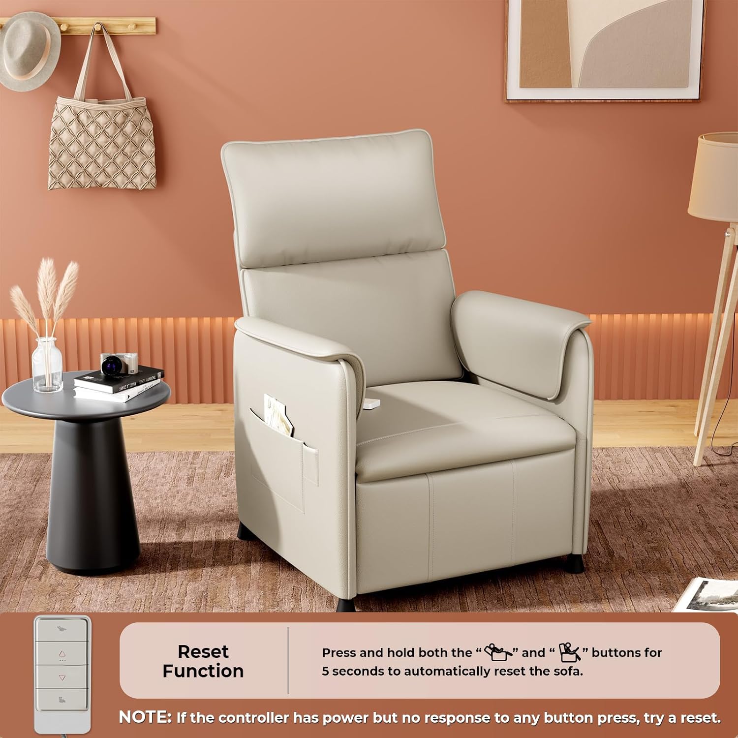 Recliner Chair，Electric Adjustable PU Leather Recliner with Remote Control and Padded Backrest,Recliner Single Sofa Seat with Thick Seat Cushion for Living Room Bedroom Home Theater (Beige)