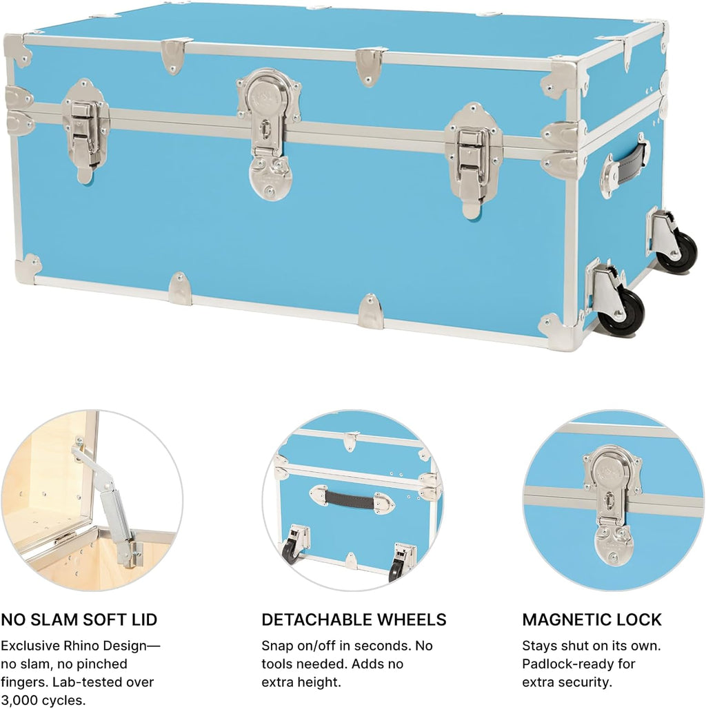 Rhino Trunk & Case Classic Camp & College Trunk with Wheels. 30'x17'x13', 1500+ lbs Capacity - Many Colors, Soft-Close Lid. Strong, USA Made Summer Camp Footlocker and Secure Dorm Storage Chest
