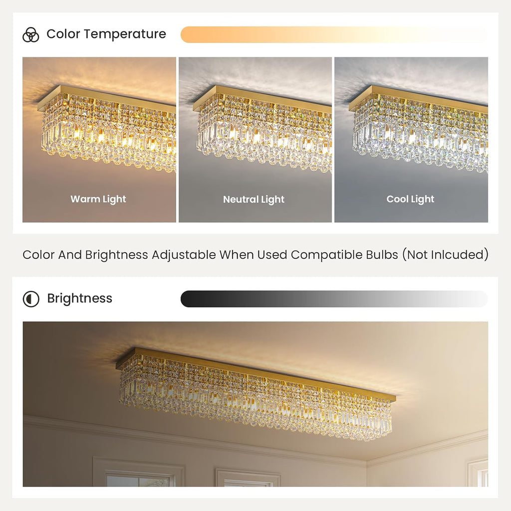 7PM Rectangular Chandelier, Modern Dining Room Light Fixture with Raindrop Chandelier Crystals, 13-Light Flush Mount Rectangle Chandelier for Dining Room, Living Room,Brass Finish L59'' x W10'' x H9''