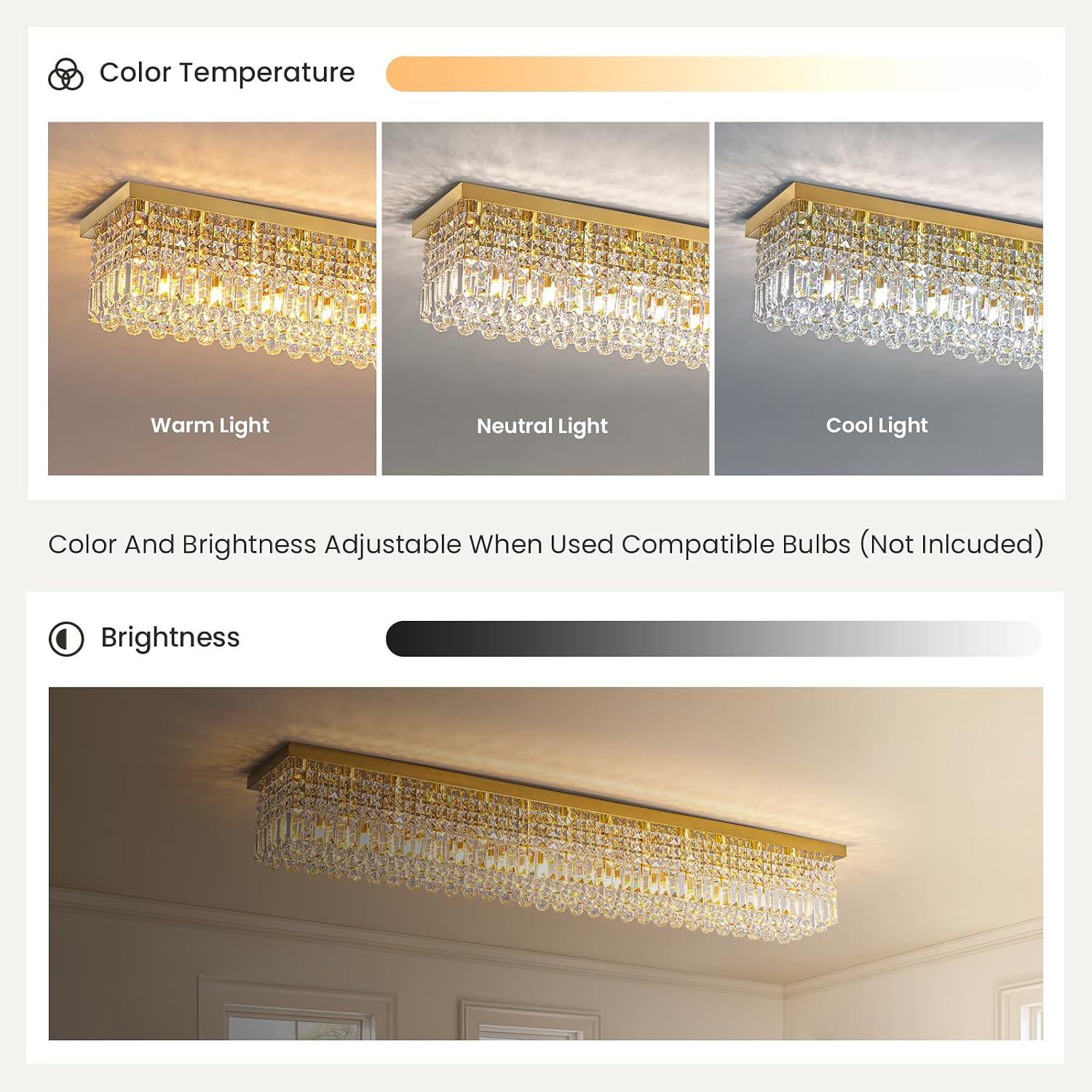 7PM Rectangular Chandelier, Modern Dining Room Light Fixture with Raindrop Chandelier Crystals, 13-Light Flush Mount Rectangle Chandelier for Dining Room, Living Room,Brass Finish L59'' x W10'' x H9''